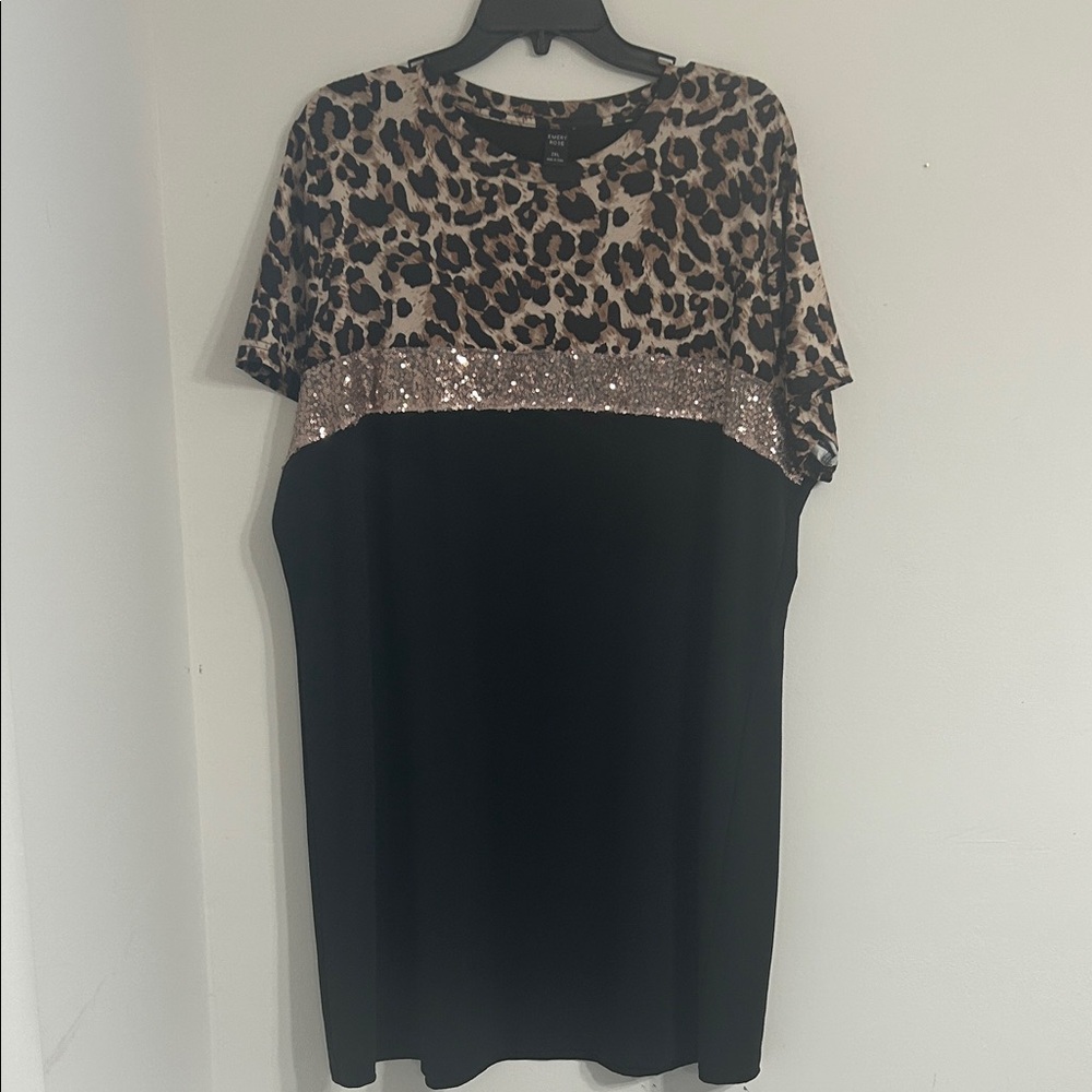 Elegant Leopard and Black Sequin Midi Dress